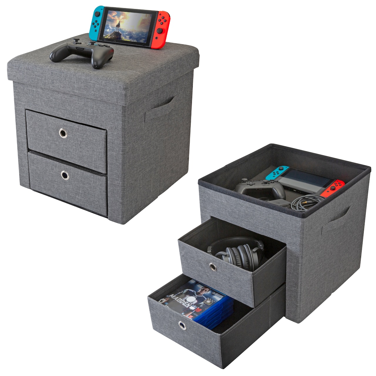 Simplify Gray 2 Drawer Collapsible Storage Ottoman